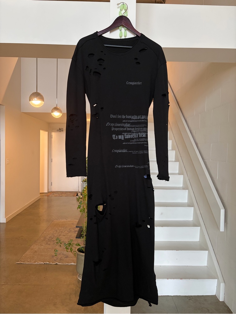 French Designer Black Distressed Long Sleeve Cotton Dress